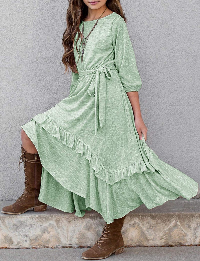 MITILLY Girls Loose Plain 3/4 Sleeve Casual Pocket Ruffle Swing Long Maxi Dress with Belt 12 Years Green - Image 3